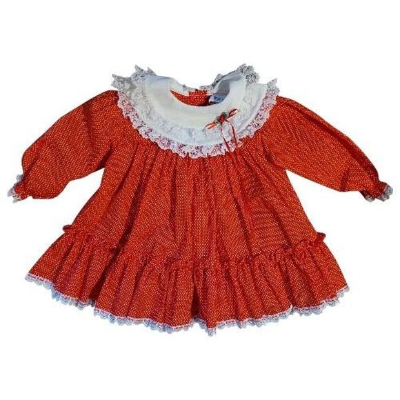 Vintage 18 months Bryan Red White Polka Dot Dress, Lace Collar Dress - Picture 1 of 4